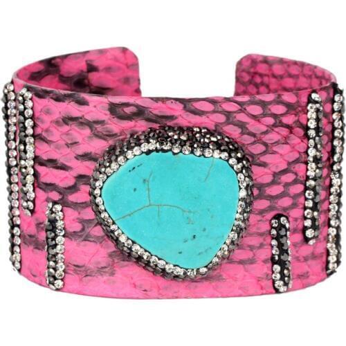 Luxury style dark rose pink leather pave long strip bead charms and natural blue stone adjustable open big cuff bangle for women