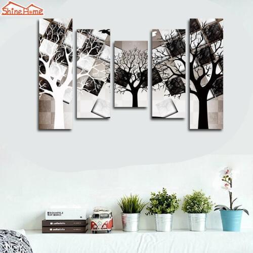 ShineHome-5pcs Canvas Oil Printing Painting Black White Tree Brick Wall Abstract Landscape Nature Background Walls Decoration