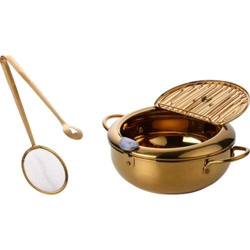 Stainless Steel Frying Pot with a Thermometer and a Lid Japanese Deep Tempura Fryer Pan Convenient Skillet Safe Kitchen Tools