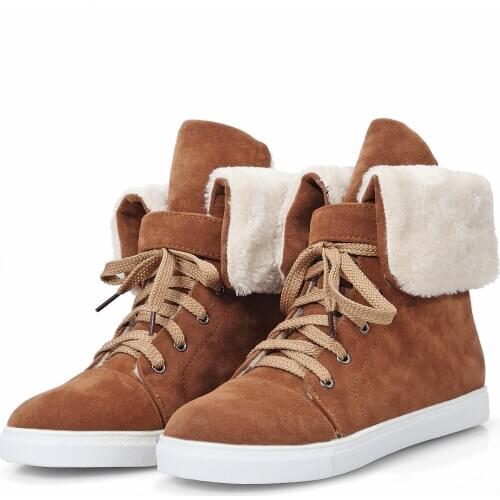 Style Fashion Thick Fur Women Round Toe Waterproof Female Flat High Top Winter Sewing