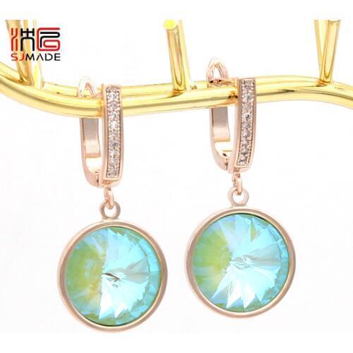 SJMADE Colorful Round Crystal Dangle Earrings New Fashion Cubic Zirconia Drop Earrings For Women Elegant Party Wedding Jewelry