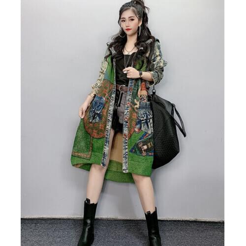 Hooded Oversized Denim Jacket Women Knitted Print Stitching Seahorse Wool Loose BF Casual Plus Size Jeans Denim Jacket