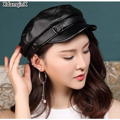 XdanqinX Elegant Women Genuine Leather Hat 2019 Autumn New Womens Sheepskin Leather Army Military Hats Mens Cowhide Flat Caps