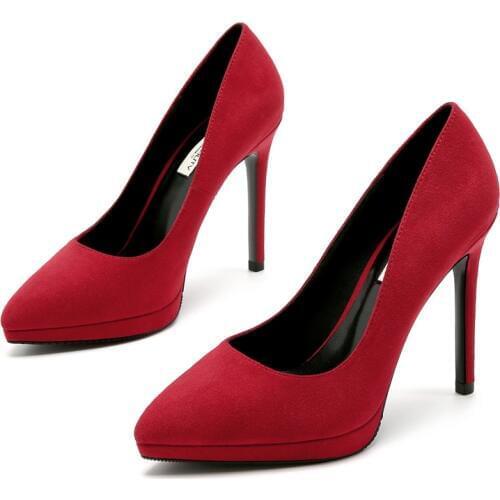 Women Red Wedding Shoes High Heels Cow Suede Leather Brand Pumps Spring Autumn Pointed Toe Female Party Shoes Plus Size E0030