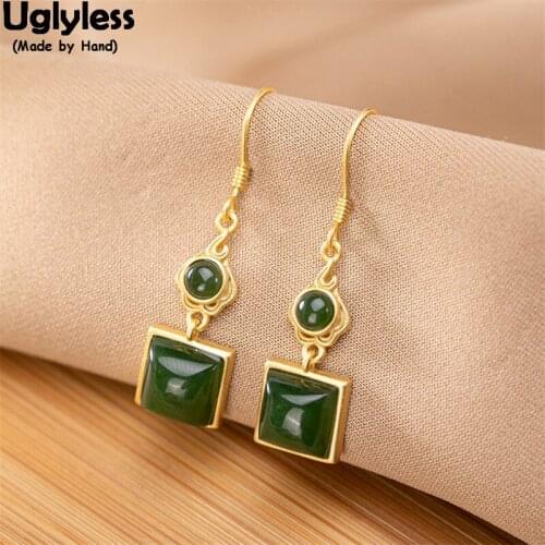 Uglyless Natural Gemstones Green Jade Geometric Square Earrings for Women Real 925 Silver Jasper Earrings Gold Brincos Bijoux