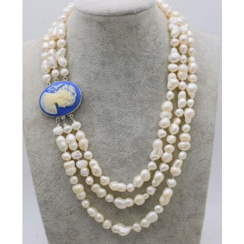 3ROWS freshwater pearl white BAROQUE necklace wholesale bead nature gift discount for woman