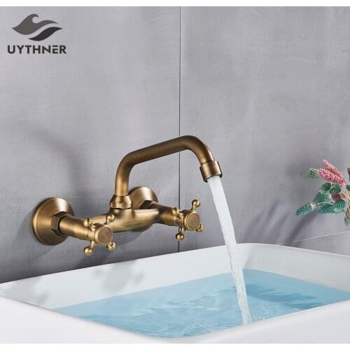 Antique Brass Kitchen Faucet Hot And Cold Water Mixer Faucets Wall Mounted Tap Vessel Sink Mixer Tap Swivel Spout Basin Mixer