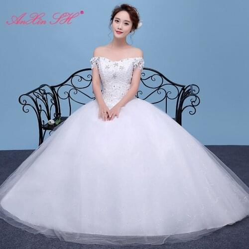 AXJFU princess lace white wedding dress party vintage boat neck sparkly beading flower crystal ball gown glaring wedding dress