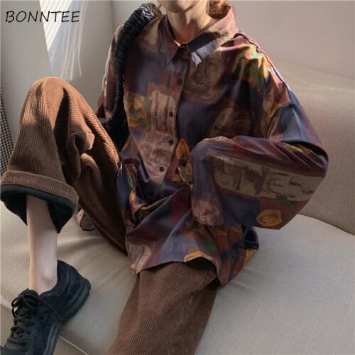 Blouses Women Vintage Print Korean Long Sleeve Harajuku Oversize Lady Blouse Turn-down Collar Retro Spring Womens Streetwear Top