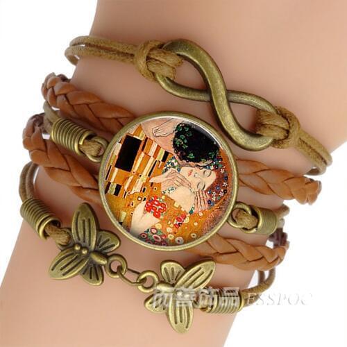 Gustav Klimt The Kiss Glass Dome Bracelet Handmade Infinity Leather Charm Bracelets Klimt Art Jewelry Valentine Mother Day Gift