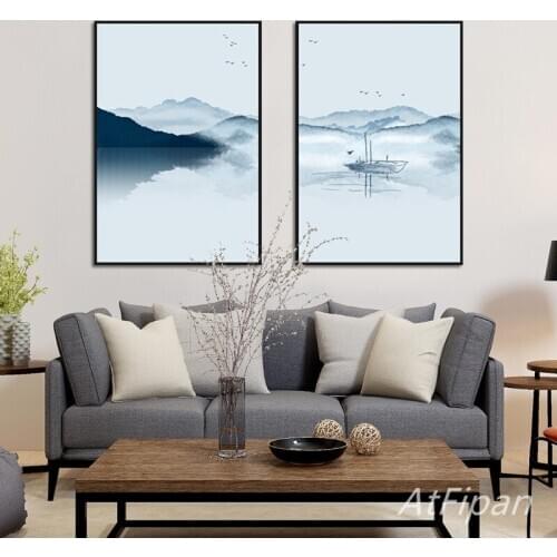 Elegant Ink Painting Small Boat Pan River Beautiful Scenery Poster Canvas Painting Prints For Living Room Bedroom Study Decor