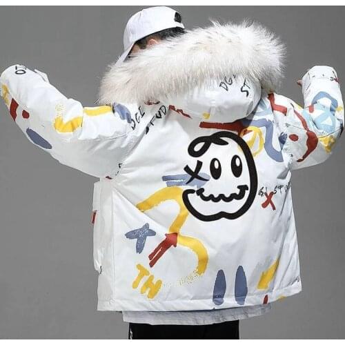 INS Lover Coat Jacke Big Fur Collar White Down Jacket Women 2021 Winter Jackets For Couple Loose Thick Warm Hooded Jacket Female