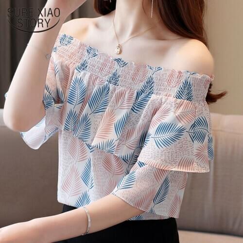 2020 Summer New Short Sleeve Off Shoulder Floral Chiffon Blouse Women Elegant Slim Fit Ruffle Tops Women Chemisier Femme 9213 50
