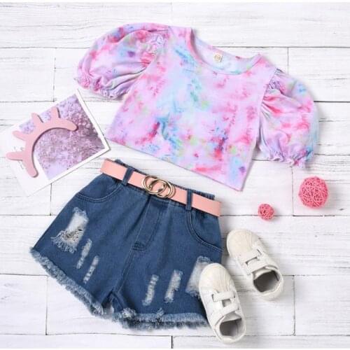 Toddler Summer 2pcs Outfits Sets Kid Short Jeans Puff Sleeves Tie-dyed Tops Elastic Waist Ripped Jeans with Belt Infant Clothes