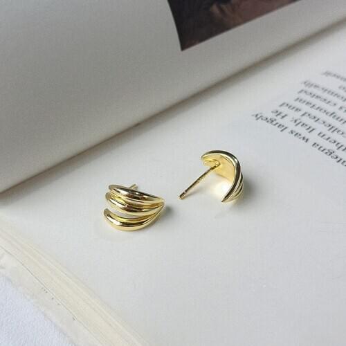 Small minimalist Womens Authentic 925 Sterling silver Gold 3 Rows Triple Layered Lines Stud Earrings FINE jEWELRY E225