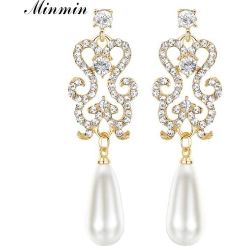 Minmin Fashion Gold Color Crystal Wedding Drop Earrings Floral Shape Chandelier Earrings for Women Brides Bridesmaid Gift EH1027