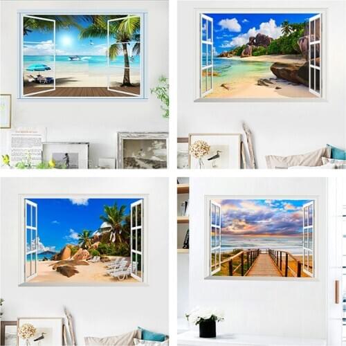 Sea Beach Coconut Natural Scenery Wall Stickers For Home Decoration Diy 3d Window Wall Mural Art Pvc Decals