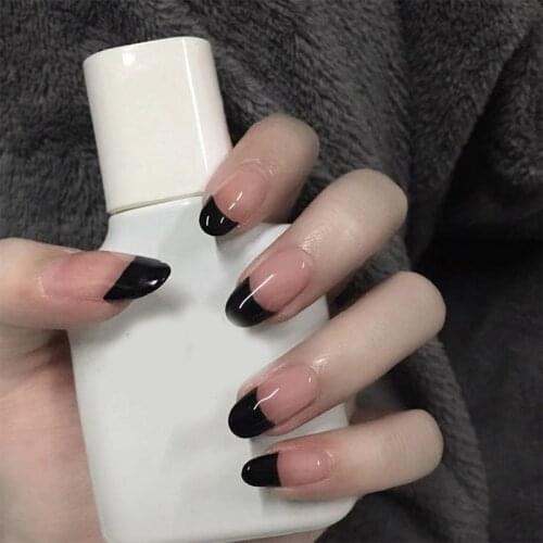 24pcs/box Fake Nails With Glue Long Pointed Black French Wearing Nail Sticker Finished Artificial Nails With Designs Press On DL