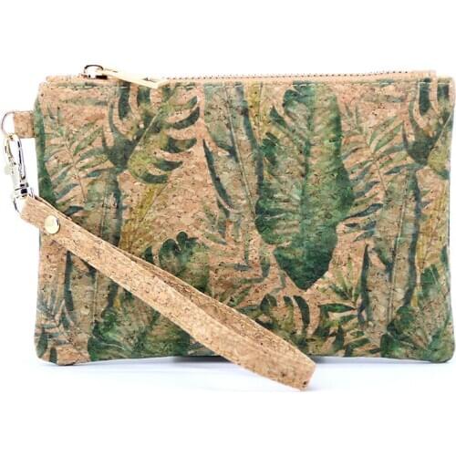 Portugal Natural Cork Zipper Coin Purse Small Tropical Leaf Bags For Women