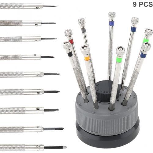 9pcs/lot Professional 0.6mm-2.0mm Pure Steel Screwdriver with Slotted and Philips Screw Head for Watch / Glasses Repair