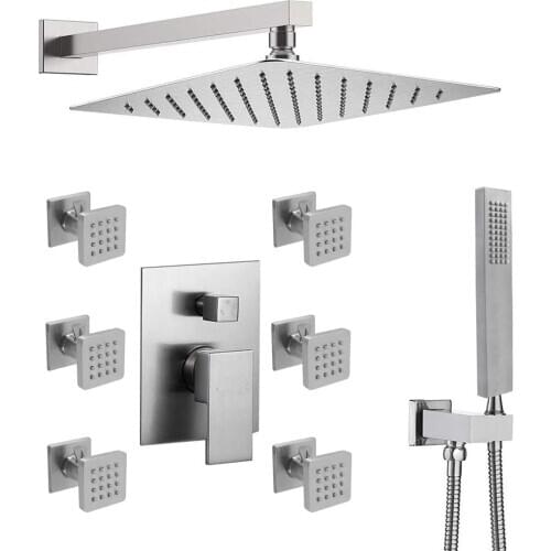 Luxury High Pressure Shower Body Spray System with 12inch Rainfall Shower and Hand Held Combo Set Complete Kit for Bathroom