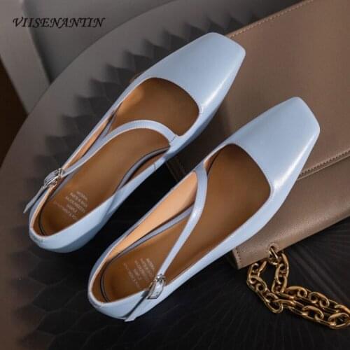 Genuine Leather Square Toe Mary Jane Shoes Womens Autumn New Solid Color Square Mid-heel Low-top Ladies Shallow Mouth Shoes