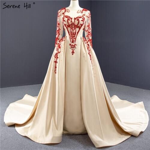 High Quality Champagne O-Neck Evening Dresses 2020 Beading Sequins Satin Long Sleeves Formal Dress HM67047