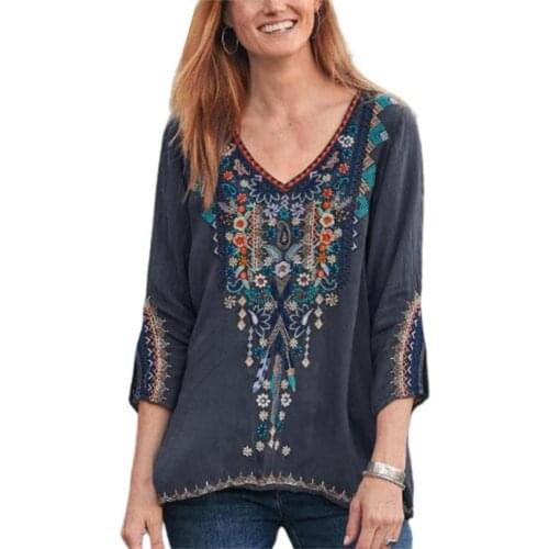 80% Dropshipping!!Women Blouse Ethnic Print V Neck Spring Autumn Flare 3/4 Sleeve Boho Top Streetwear