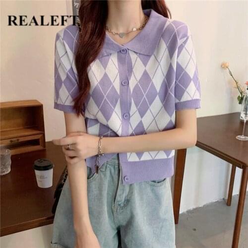 REALEFT Summer Knitting Womens T-Shirts Loose All Match Short Sleeve Shirts Female Classic Single Breasted Printing Tops