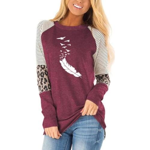 Autumn women 2020 New FeatherPrint T Shirt Womens leopard color matching stripe round neck loose top long sleeve T-shirts