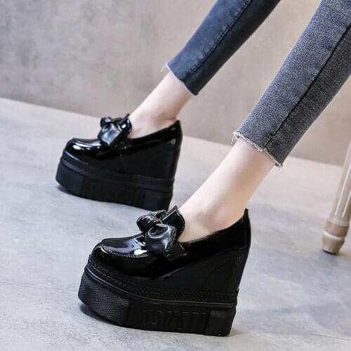 Womens Vulcanize Shoes Platform Sneakers 12cm Wedge Heel Bowknot Female Casual Shoes 2021 Spring Summer Chunky Leather Shoes