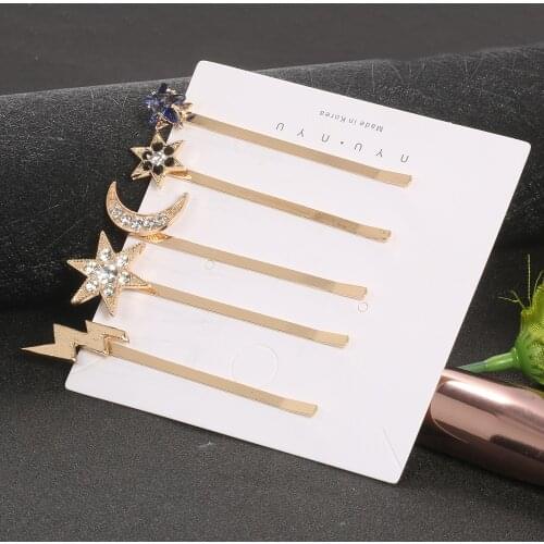 Boho Clear Crystal Blue Star Hair Clip Pin for Women Jewelry Making Gold Moon Lightning Headwear Clips Girl Friend Birthday Gift