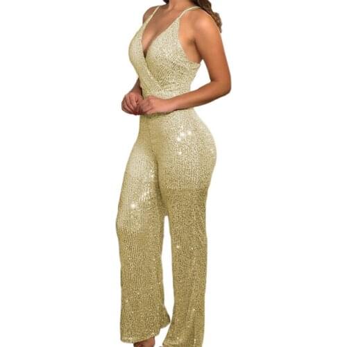Women Sexy Jumpsuit Sequined Spaghetti Strap Summer Glitter Shiny Backless V Neck Off Shoulder One-piece Jumpsuit for Dating