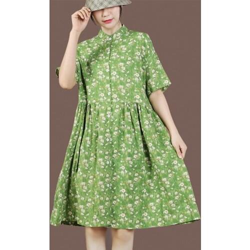 Women Cotton Linen Casual Dress New 2021 Summer Vintage Style Stand Collar Floral Print Ladies Knee-length A-line Dresses S3984