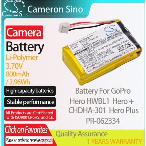 CameronSino Battery for GoPro Hero HWBL1 CHDHA-301 Hero Plus Hero + fits GoPro PR-062334 camera battery 800mAh 3.70V Li-Polymer