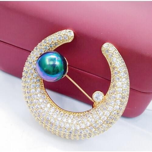 C-shape Brooch Simulated Pearl Bridal Brooches Pins with Clear CZ Crystal Bijoux Gold Color Broches for Women DIY Wedding Jewel