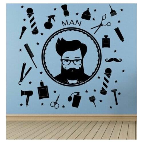 Man barber shop logo Wall Sticker Hairstyle Shaved Man hair Salon Haircut Beard scissors Tools hair dryer comb Art Decal DG067