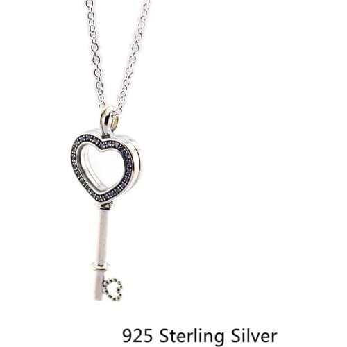 CKK 925 Sterling Silver Floating Locket Heart Key Necklace Pendants, Sapphire Crystal Original Jewelry Making