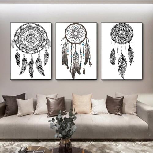 Gypsy Ethnic Indian Black and White Bohemian Dream Catcher Decorative Painting Canvas Poster Wall Art Bedroom Living Room Home D