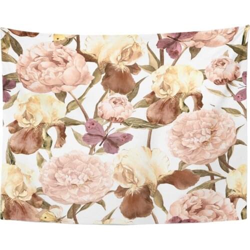 Tapestry Brown Neutral Peonies Irises and Butterflies Retro Floral Pattern Watercolor Color Sepia Tapestries Wall Hanging