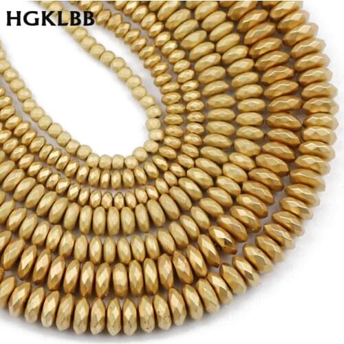 HGKLBB Natural Matte 14 KC Gold Hematite Stone Beads Flat Faceted Round Loose Beads For Jewelry Making Diy bracelet 3/4/6/8mm