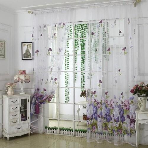 1 Pc Curtain Rod Through Design Peony Flower Printed Polyester Tulle Voile Drape Window Home Decor