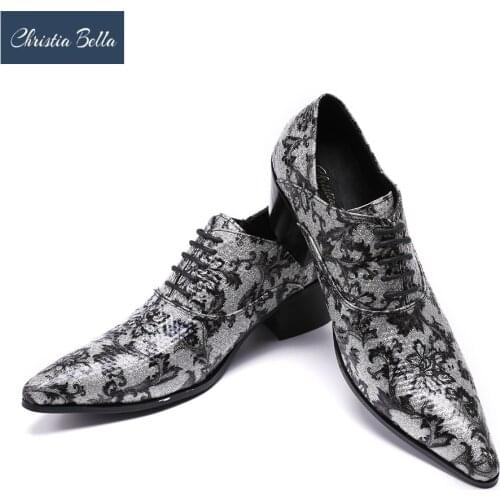 Christia Bella Handmade Formal Mens Dress Shoes Genuine Leather Sliver Luxury Wedding Shoes Men High Heels Oxford Shoes Men