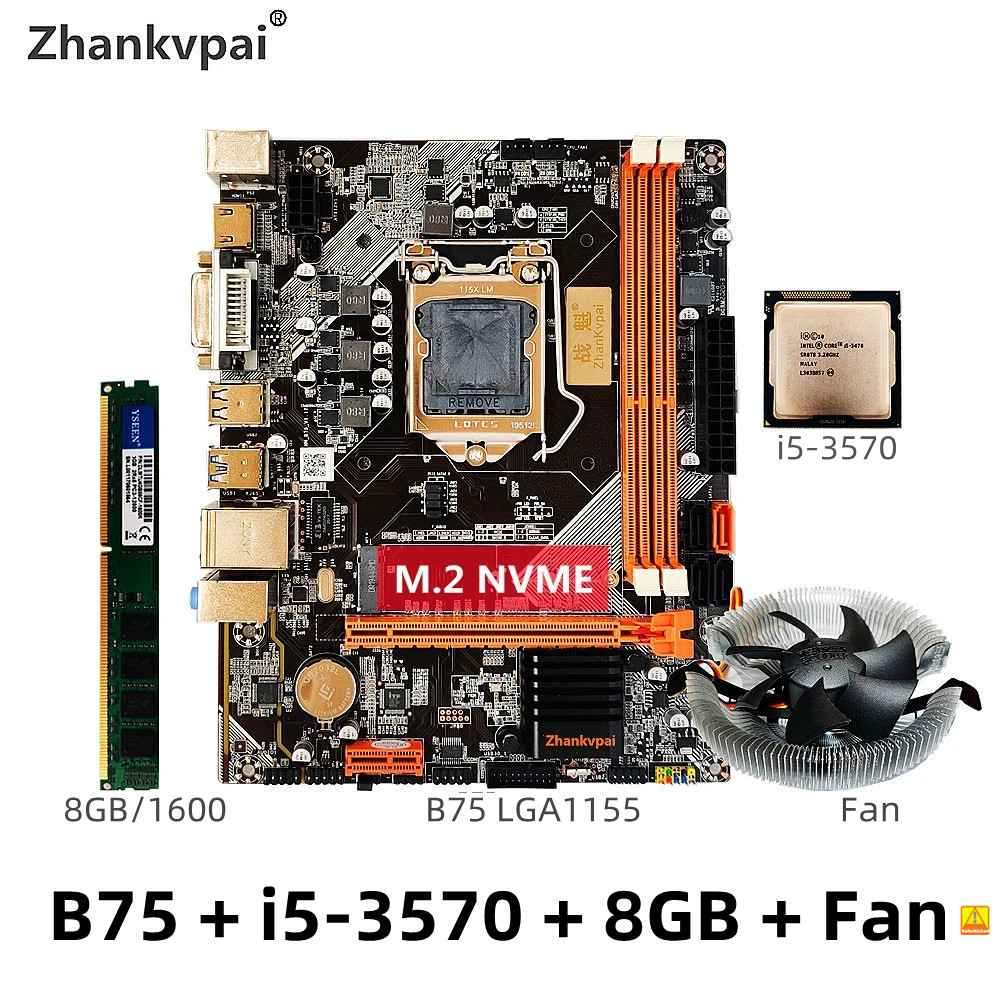 B75 LGA 1155 Motherboard set with Intel Core i5-3570 CPU 1Pcs*8GB 1600MHz DDR3+FAN Desktop Memory SATA III USB 3.0 VGA DVI