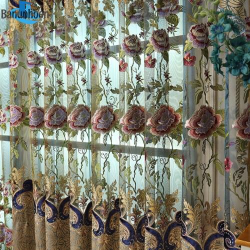 Retro Royal Embroidered Curtains Floral For Living Room Valance Top Quality Tulle Curtain For Bedroom Bronzing Fabric