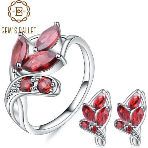 GEMS BALLET Leaf Shape Natural Garnet Earrings Ring Set 925 Sterling Silver Gemstone Jewelry Set For Women Gift Fine Jewelry