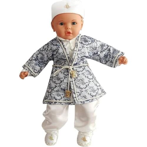 Tuğra Patterned Prince Male Baby Mevlüt Kit-Navy Blue Silver