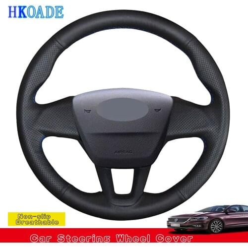 DIY Black Stylish Non-slip Hige Soft Genuine Leather Hand-stitched Car Steering Wheel Cover For Ford Focus 3 2018 2017 2016 2015