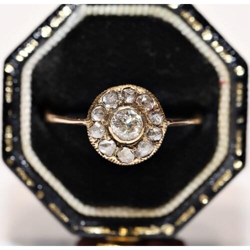 Antique Original Ottoman 14k Gold Natural Rose Cut Diamond And Diamond Decorated Rose Style Ring