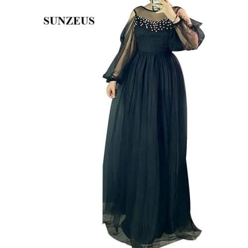 2020 Fall Full Sleeves Black Tulle Groom Mother Dress With Pearls Bridal Mum Gowns For Wedding Guest Women Party Robe